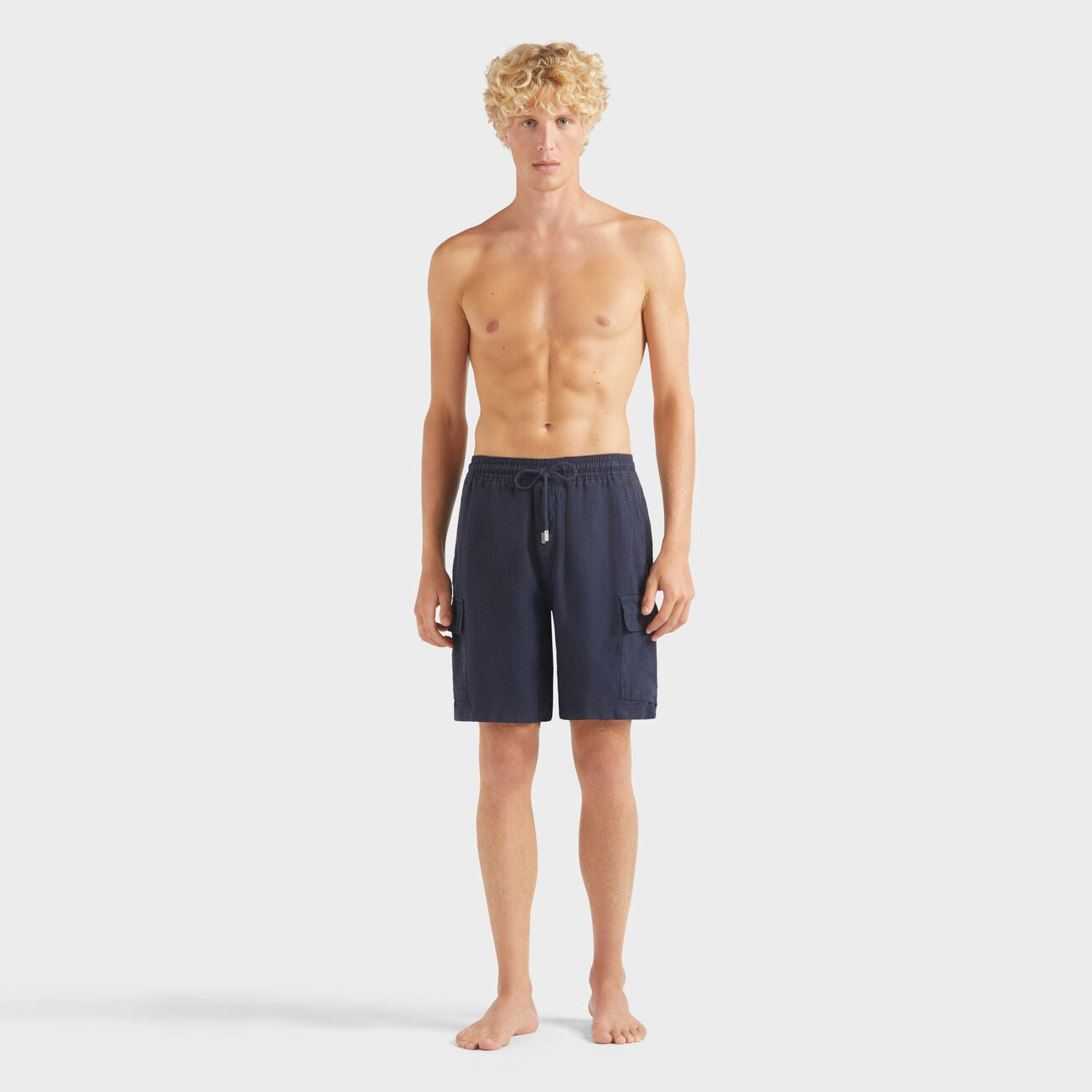 Men Linen Bermuda Shorts Cargo Pockets - Navy - 1