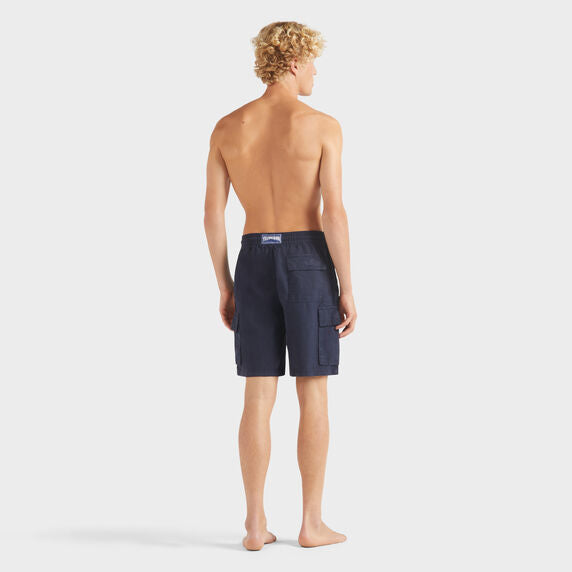 Men Linen Bermuda Shorts Cargo Pockets - Navy - 3