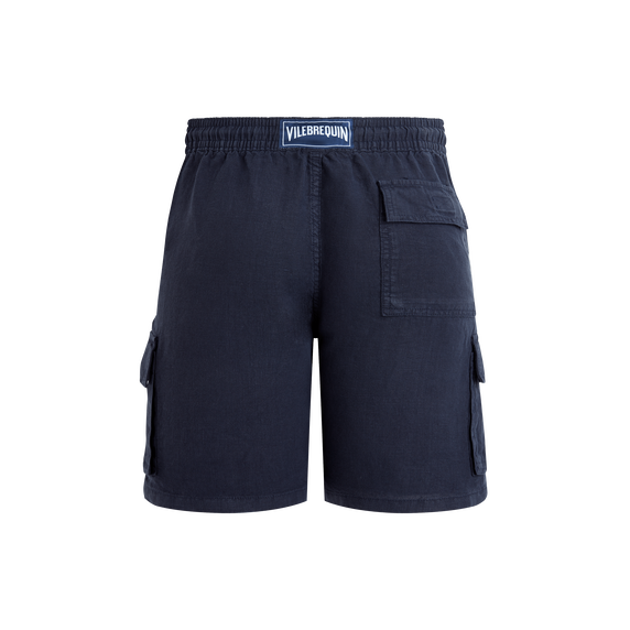 Men Linen Bermuda Shorts Cargo Pockets - Navy - 5