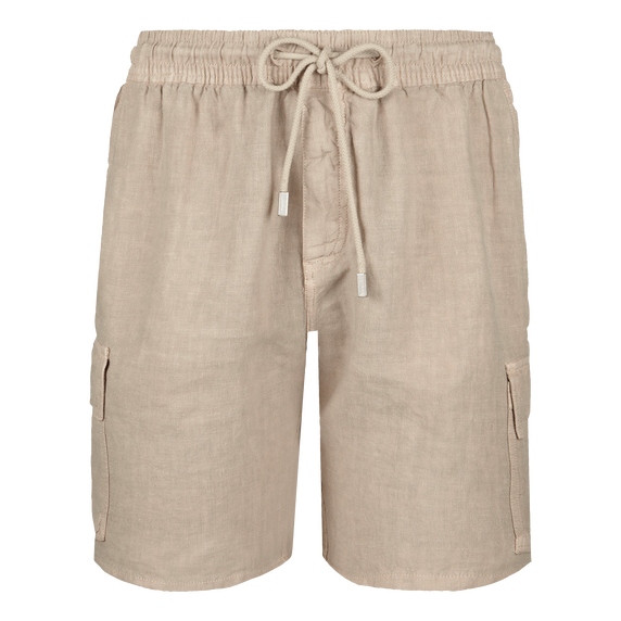 Men Linen Bermuda Shorts Cargo Pockets - Beige - 4