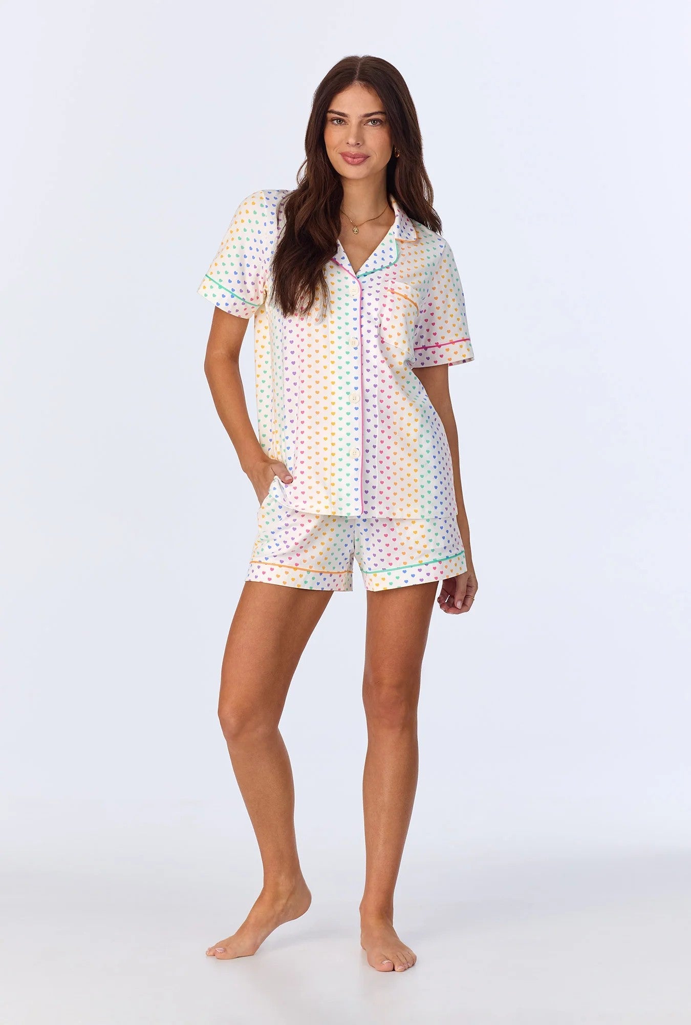 Cheery Hearts Short Sleeve Classic Shorty Stretch Jersey PJ Set - White - White - 1