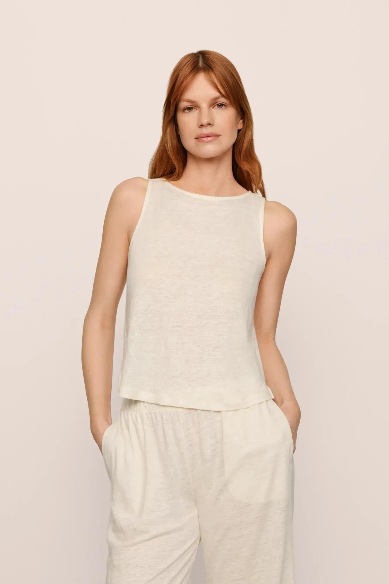 Organic Linen Knit Boat Neck Crop Tank with pant - Ivory - 2
