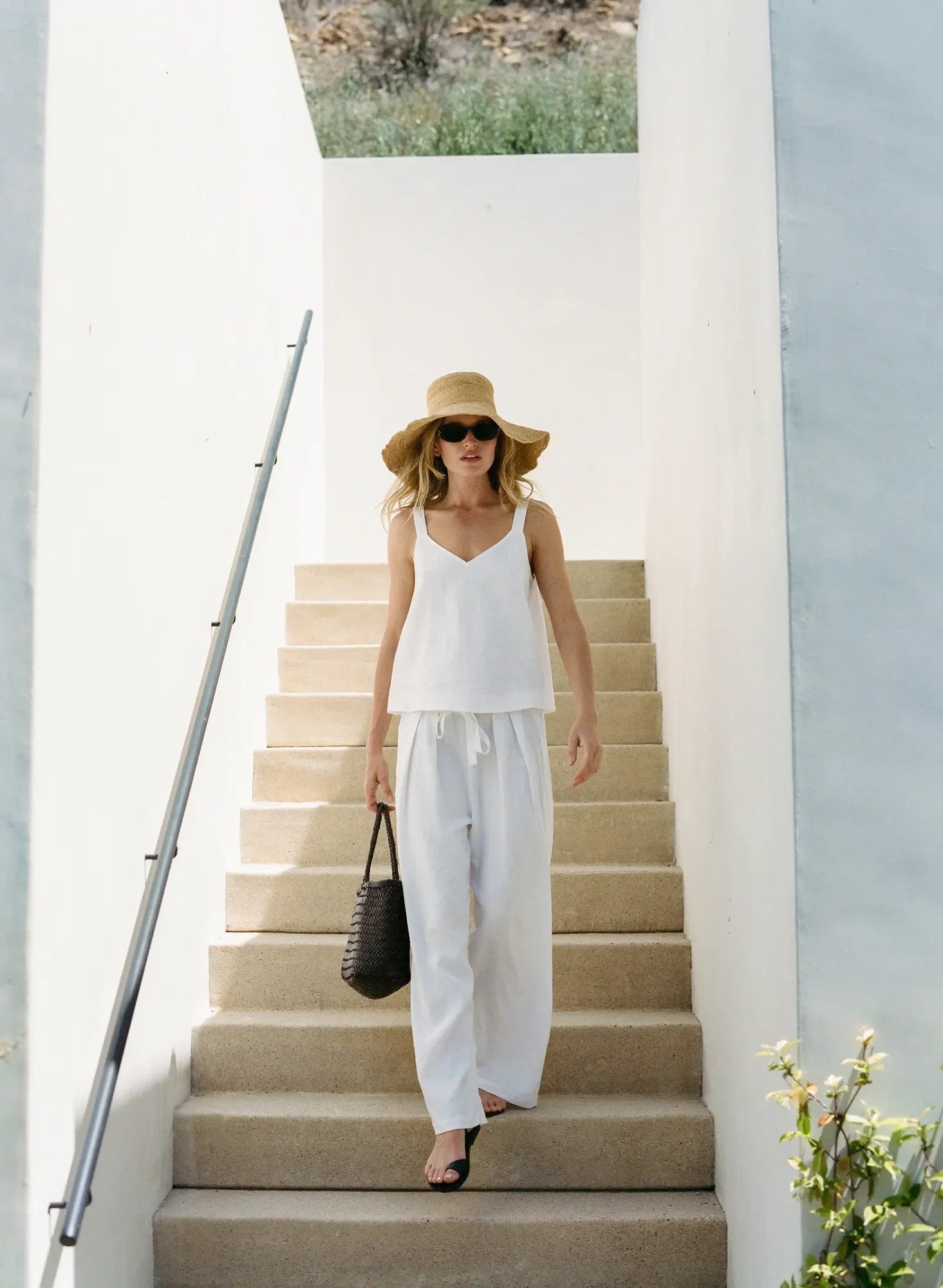 Linen Blend V Neck Cami with pant - White - 3