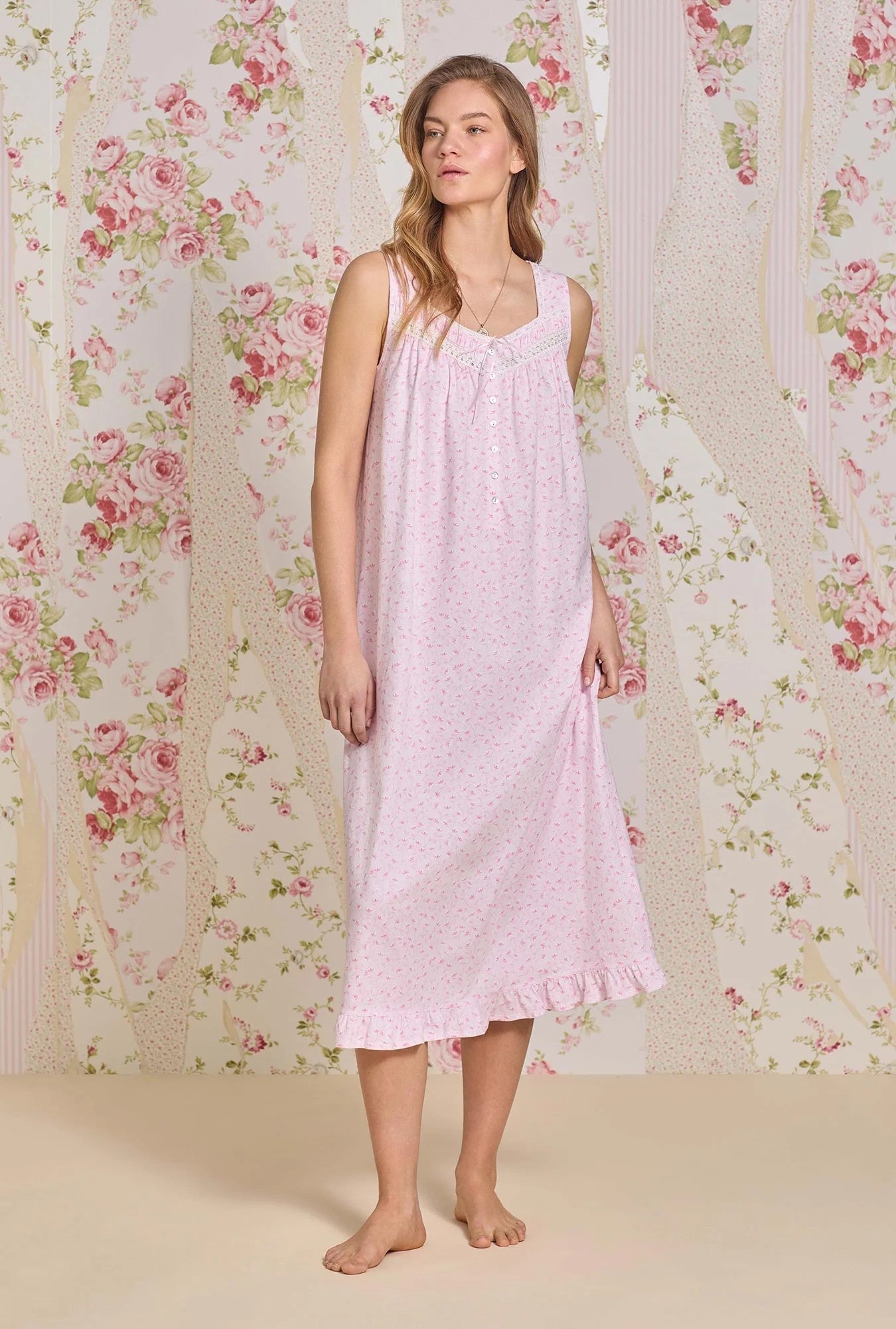 The "Eileen" Sunlit Roses Cotton Knit Ballet Nightgown - Pink - 2