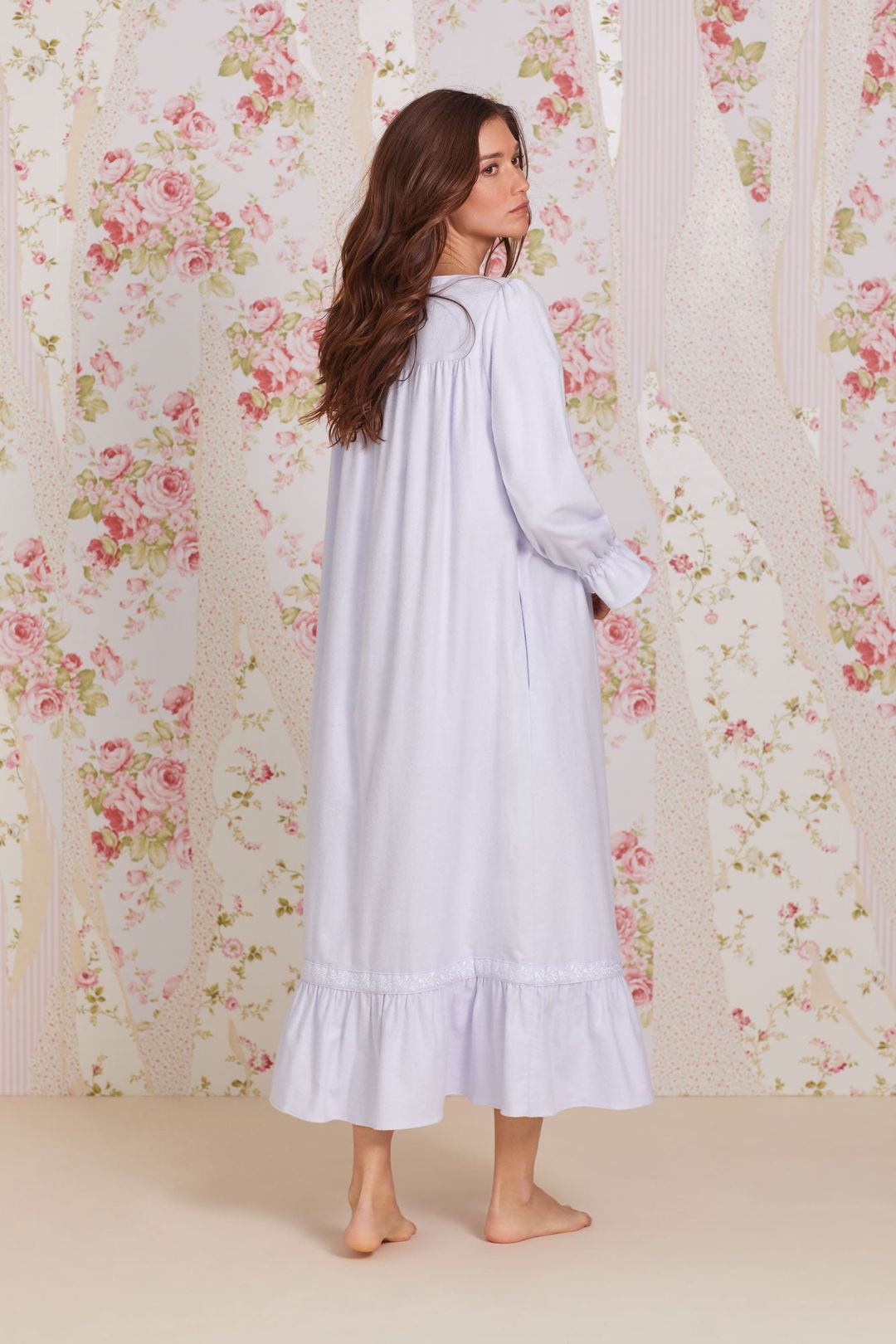 Heritage Cotton Flannel Embroidery Long Nightgown- Peri - Light Blue - 3