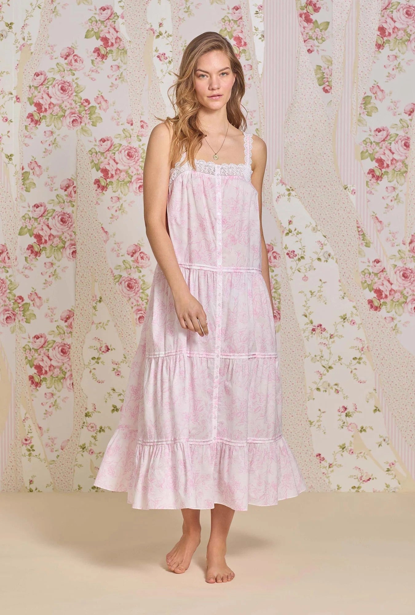 The "Camille" Iconic White Cotton Lawn Nightgown - Pink - 1