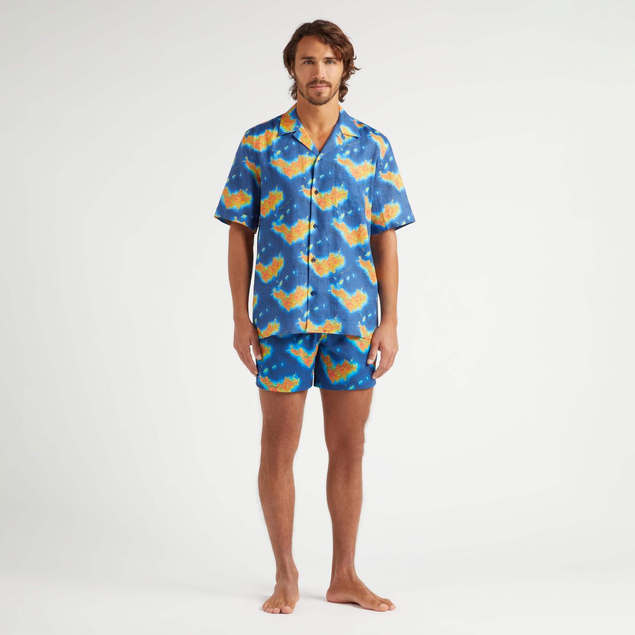 Men Linen Bowling Shirt Bathymétrie des Oceans St Barth - Blue - 1
