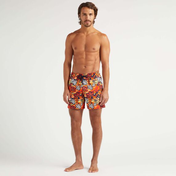 Men Stretch Short Swim Trunks Monoi Turtles - Orange - 1