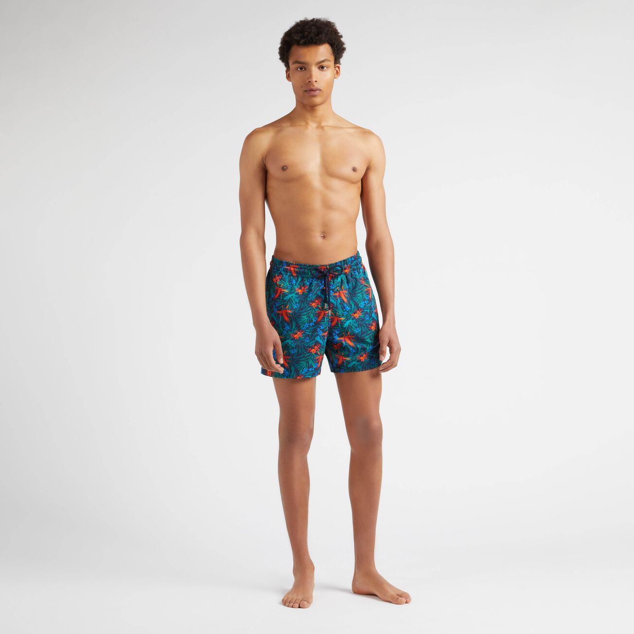 Men Stretch Short Swim Trunks Tropical Flowers - Blue - 1
