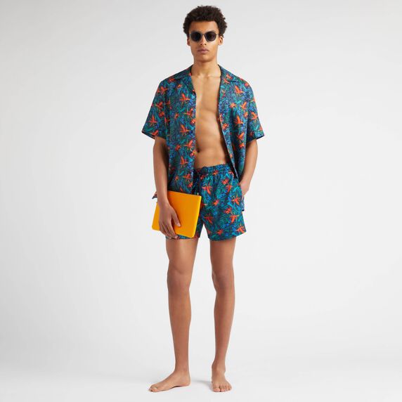 Men Stretch Short Swim Trunks Tropical Flowers - Blue - 2