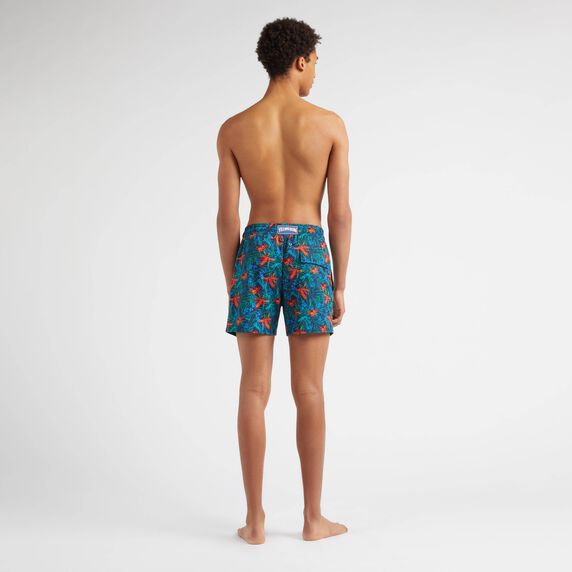 Men Stretch Short Swim Trunks Tropical Flowers - Blue - 3