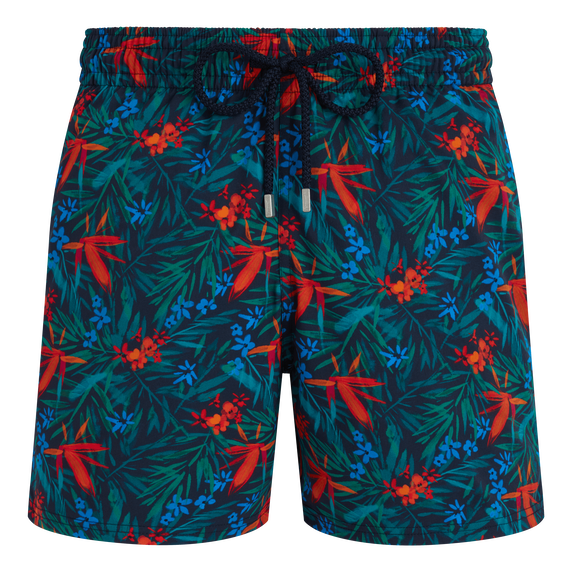 Men Stretch Short Swim Trunks Tropical Flowers - Blue - 4