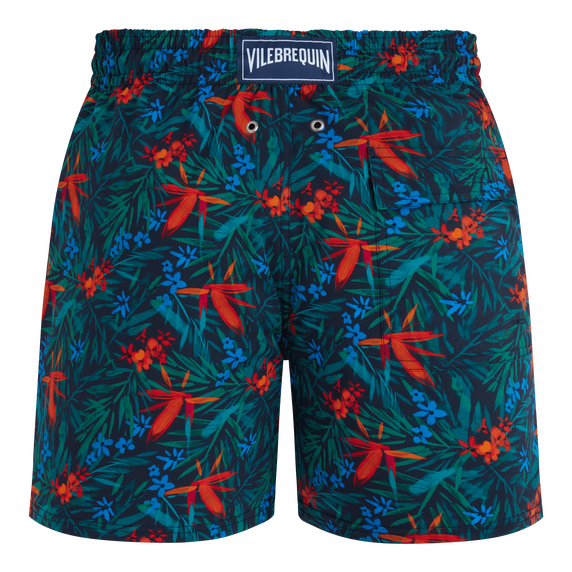 Men Stretch Short Swim Trunks Tropical Flowers - Blue - 5