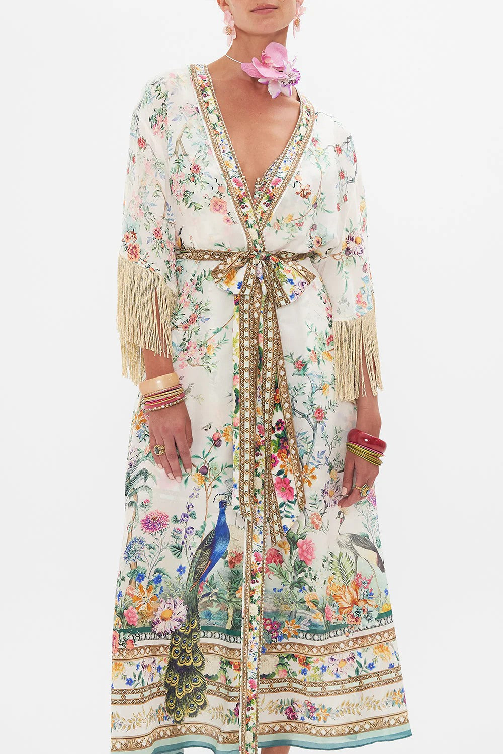Short sleeve wrap layer with macrame fringe - 1