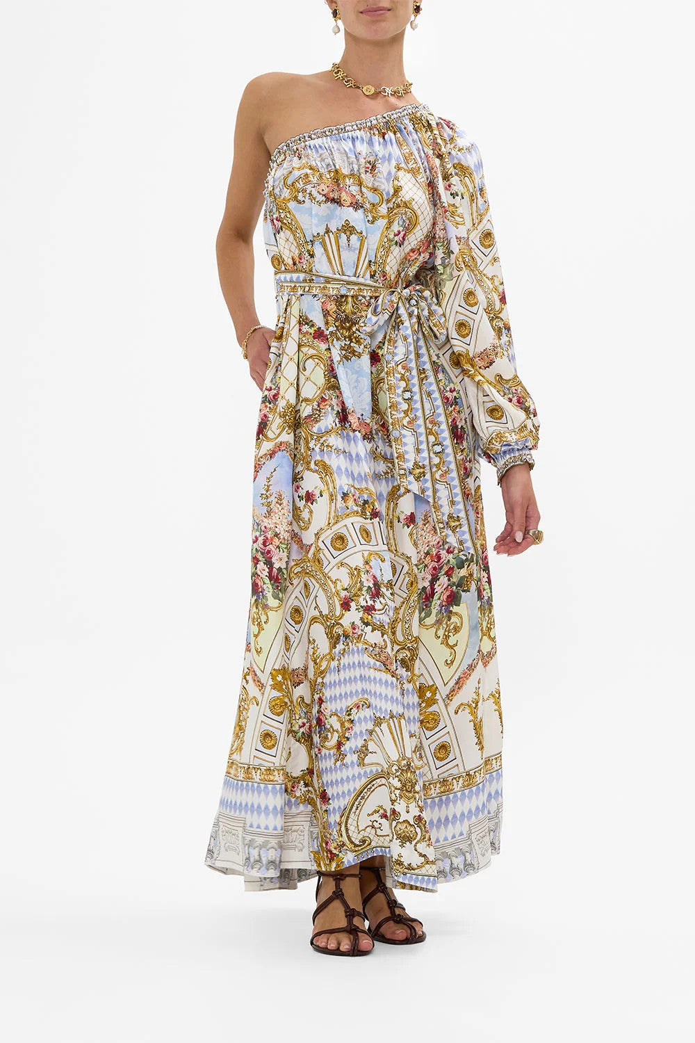 One shoulder dress with blouson sleeve - 1