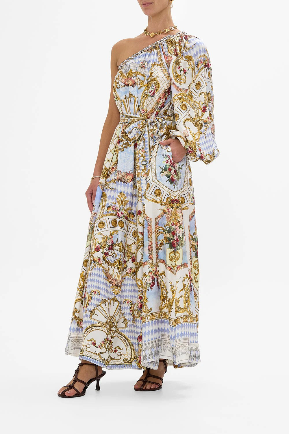 One shoulder dress with blouson sleeve - 2