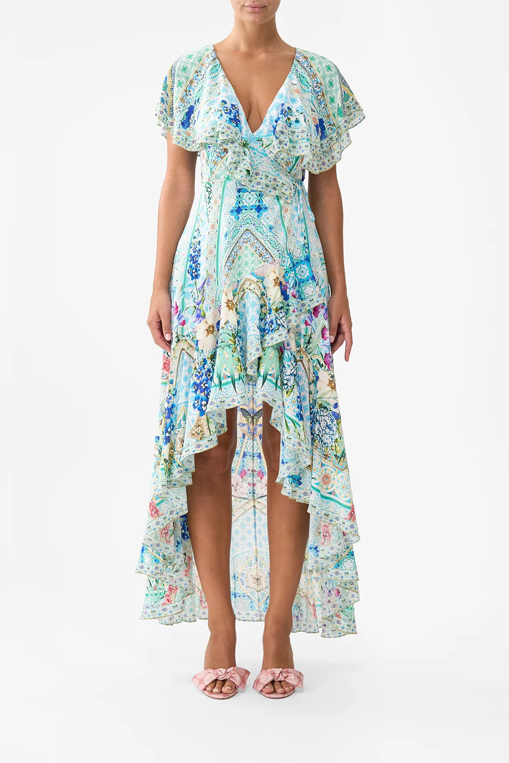 Frill sleeve long dress - Blue - 1