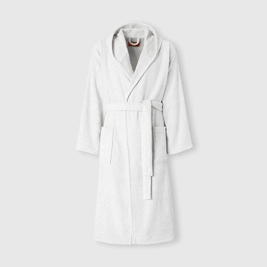 Chalk hooded bathrobe in chevron motif - White - 1