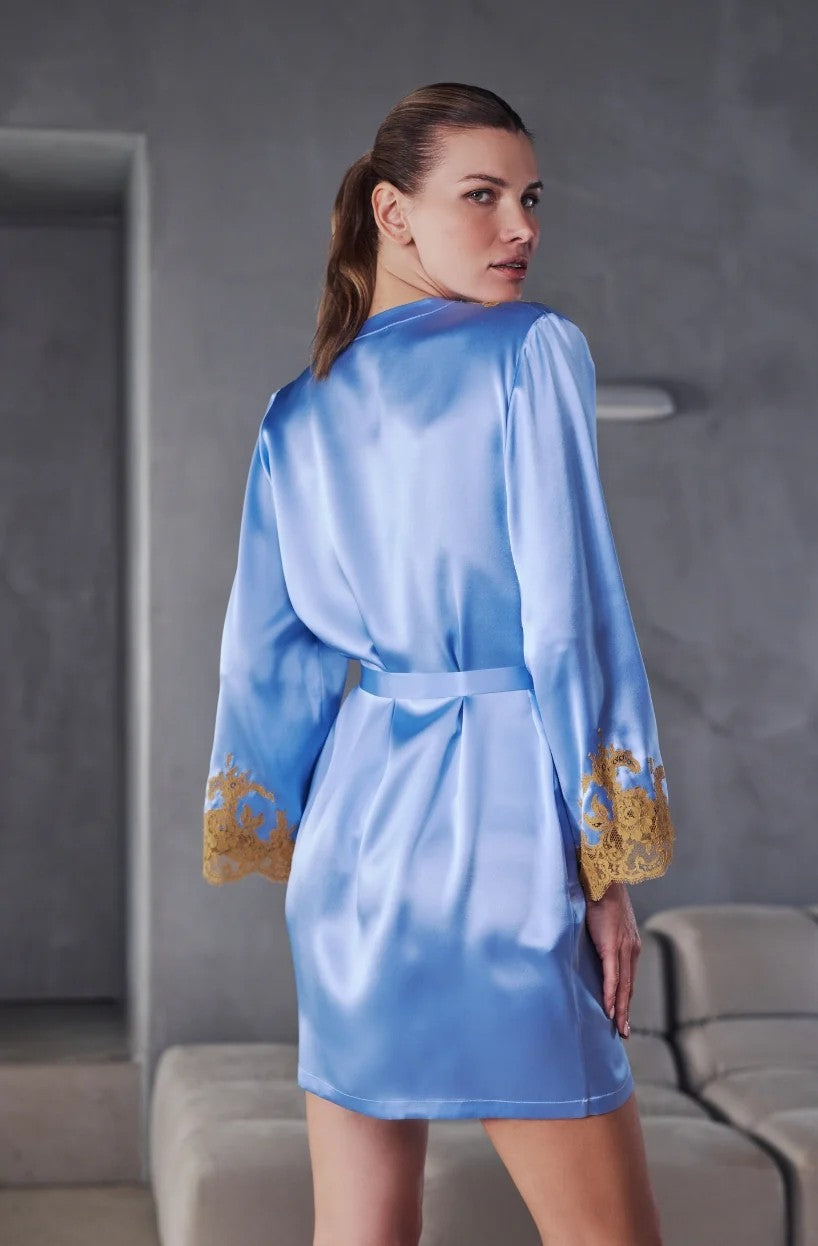 Bénédicte short dressing gown with slip in pastel blue silk and hazelnut lace - Blue - 3