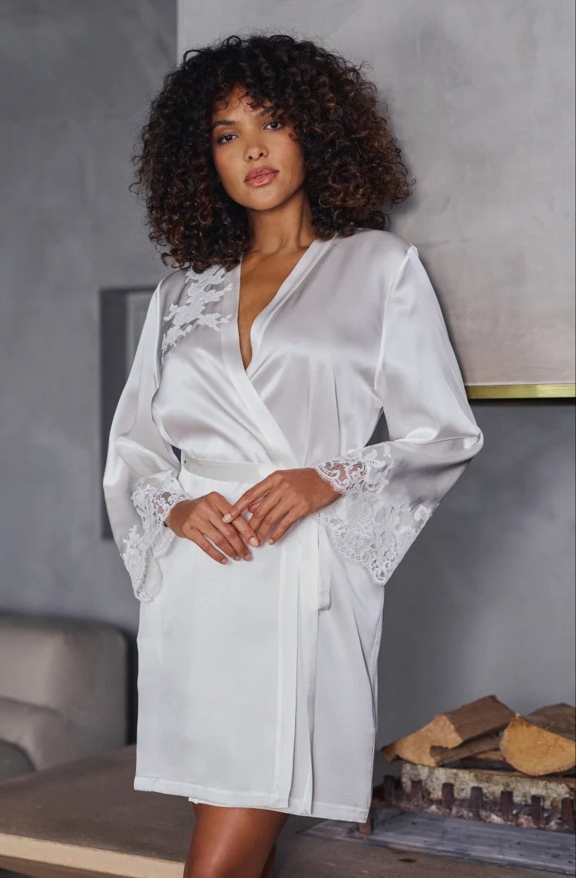 Bénédicte short negligee and slip in silk and white lace - Natural - 1