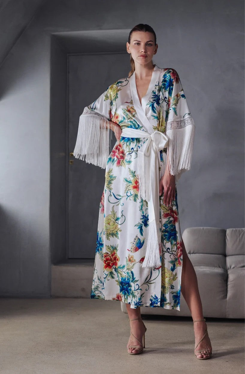 Beverly long silk dressing gown and nightie with pattern and fringed sleeves - Floral - 1