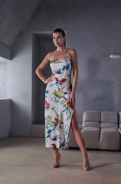 Beverly long silk dressing gown and nightie with pattern and fringed sleeves - Floral - 2