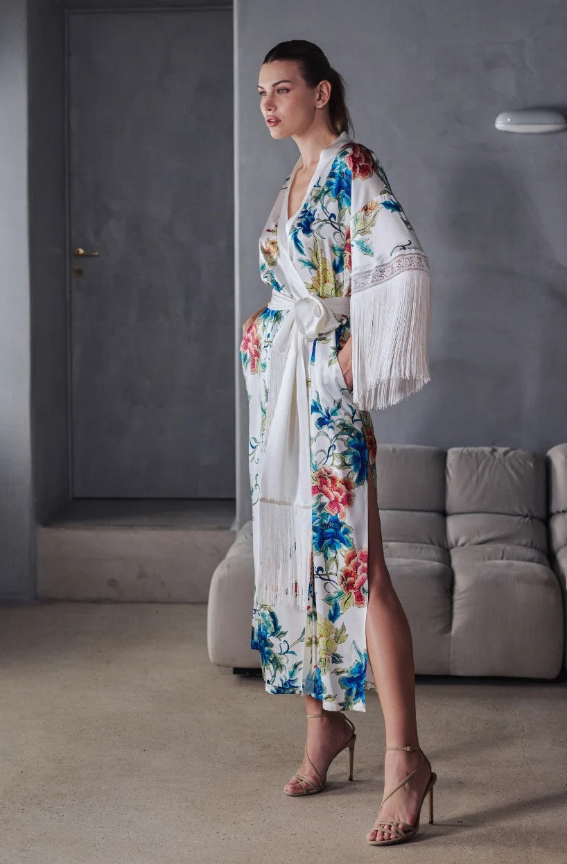 Beverly long silk dressing gown and nightie with pattern and fringed sleeves - Floral - 3