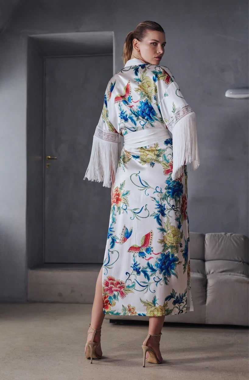 Beverly long silk dressing gown and nightie with pattern and fringed sleeves - Floral - 5