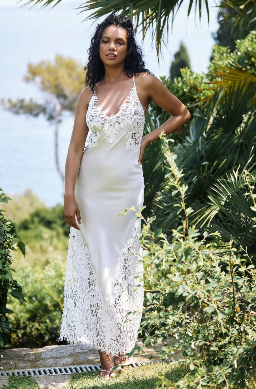 Long nightie dress slit in natural silk and lace - 2
