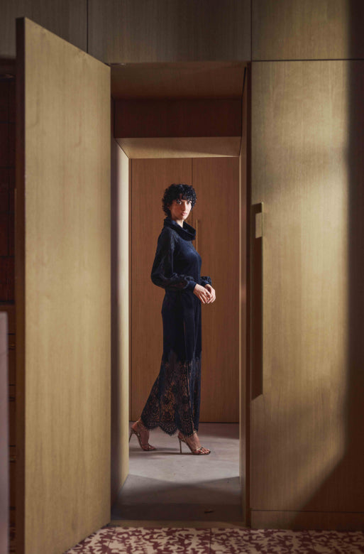 Branda long dress in velvet and black lace - 1