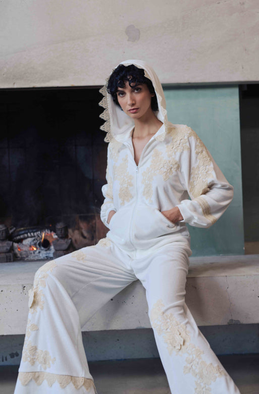 Bianca hooded jacket with pants in white cotton fleece and guipure - Natural - 1