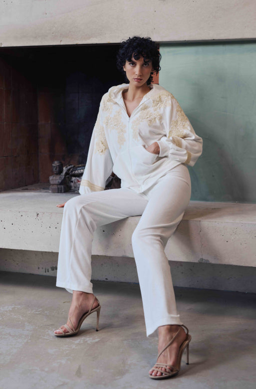Bianca hooded jacket with pants in white cotton fleece and guipure - Natural - 2
