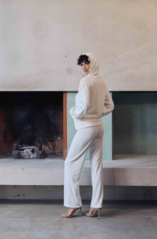 Bianca hooded jacket with pants in white cotton fleece and guipure - Natural - 3