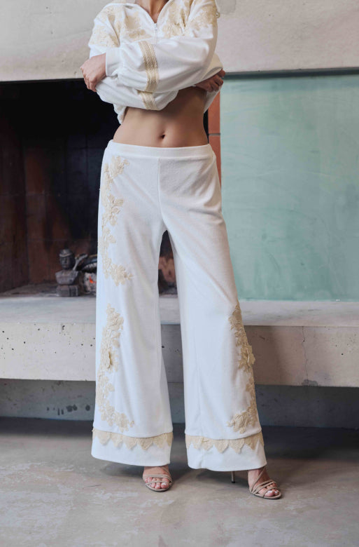 Bianca hooded jacket with pants in white cotton fleece and guipure - Natural - 4