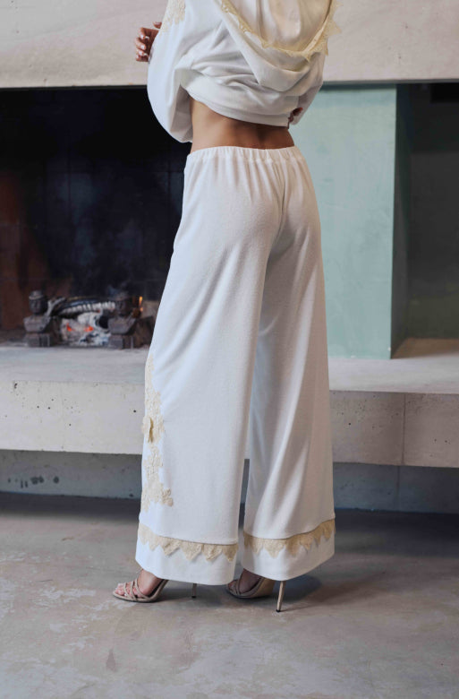 Bianca hooded jacket with pants in white cotton fleece and guipure - Natural - 5