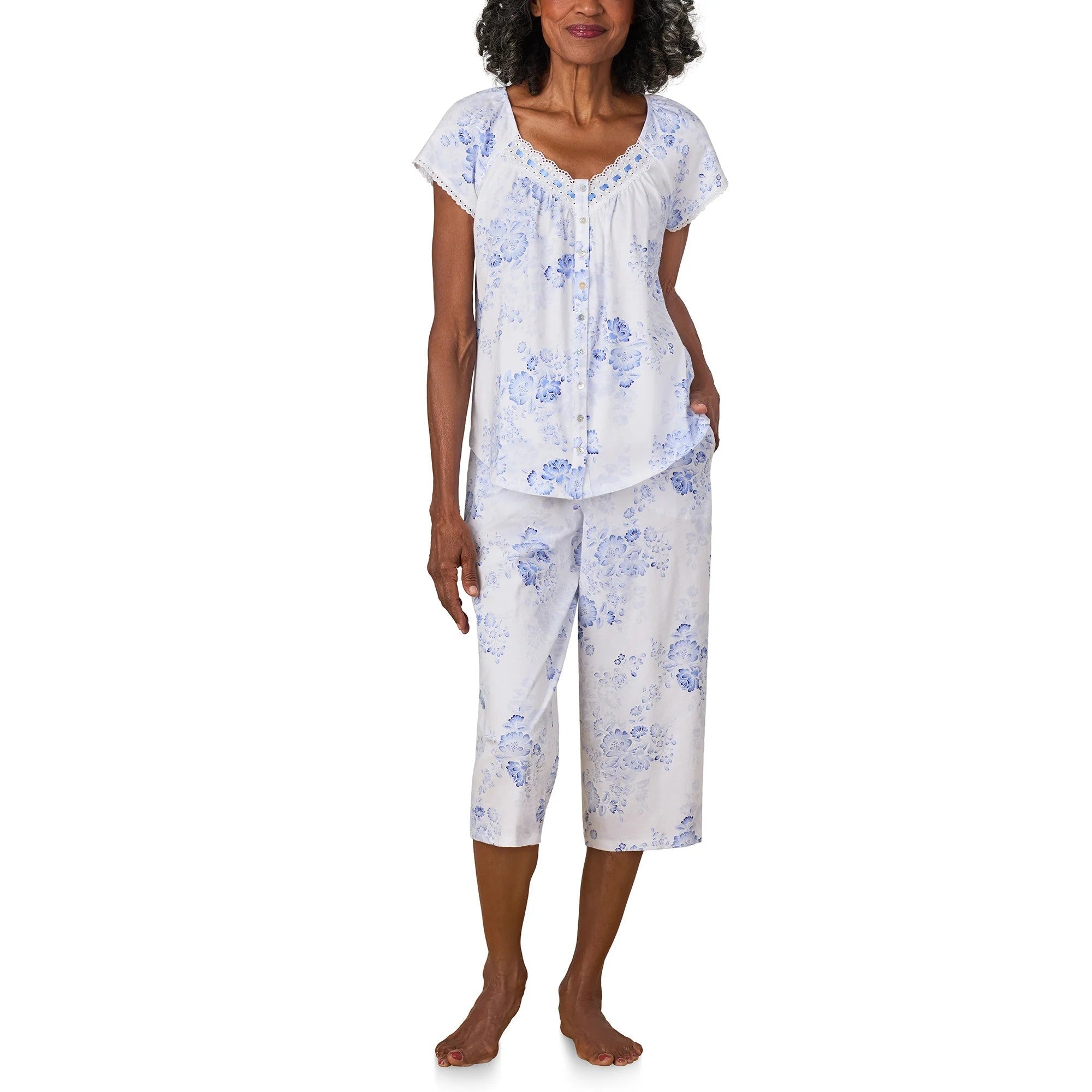 Blue Floral Cotton Jersey Capri PJ Set - 1