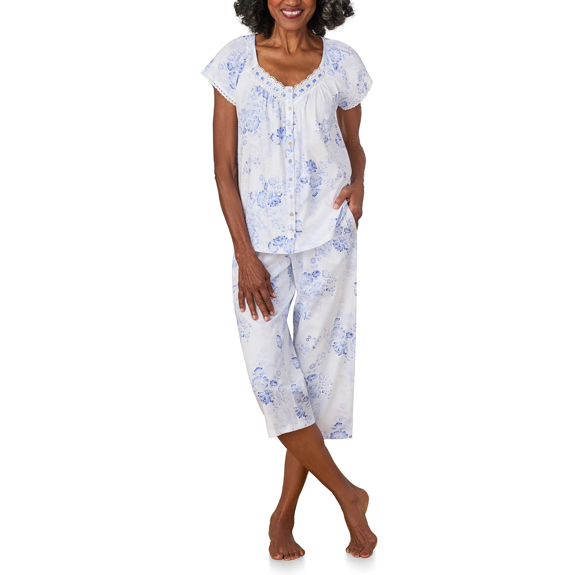 Blue Floral Cotton Jersey Capri PJ Set - 2