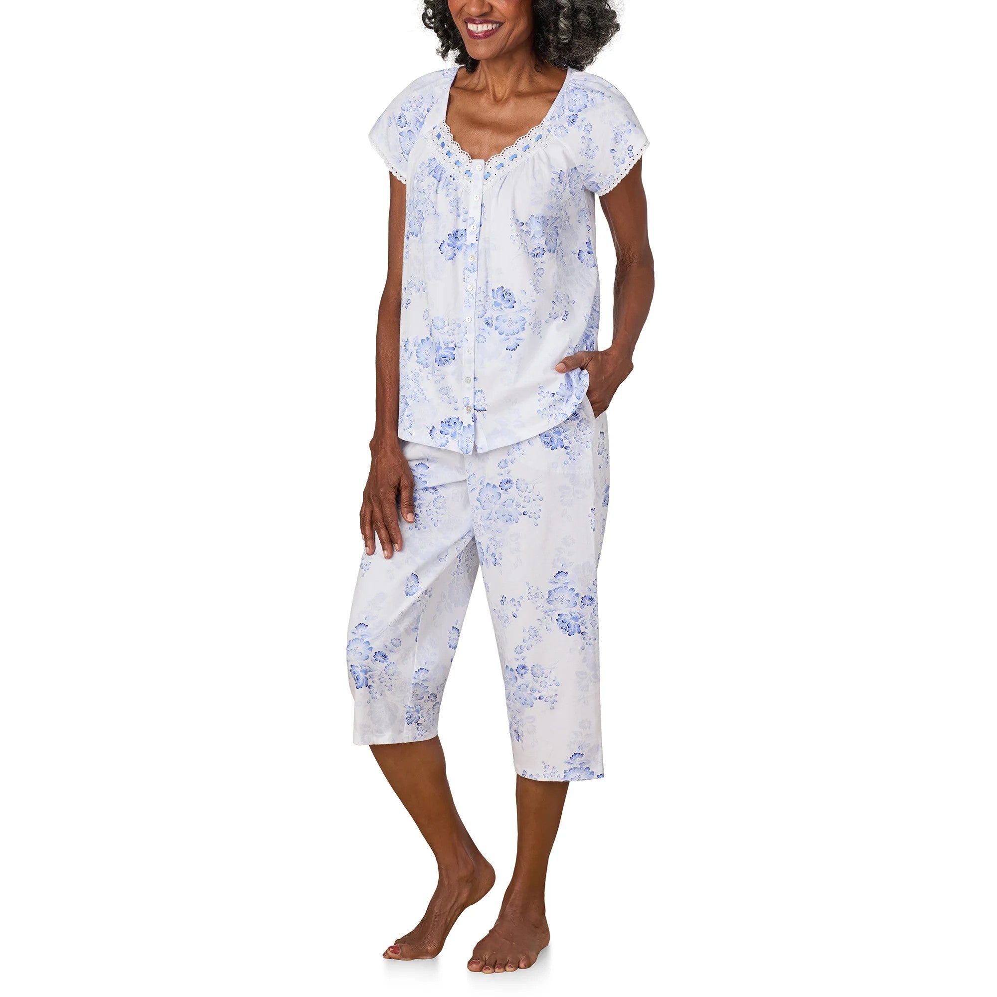 Blue Floral Cotton Jersey Capri PJ Set - 3