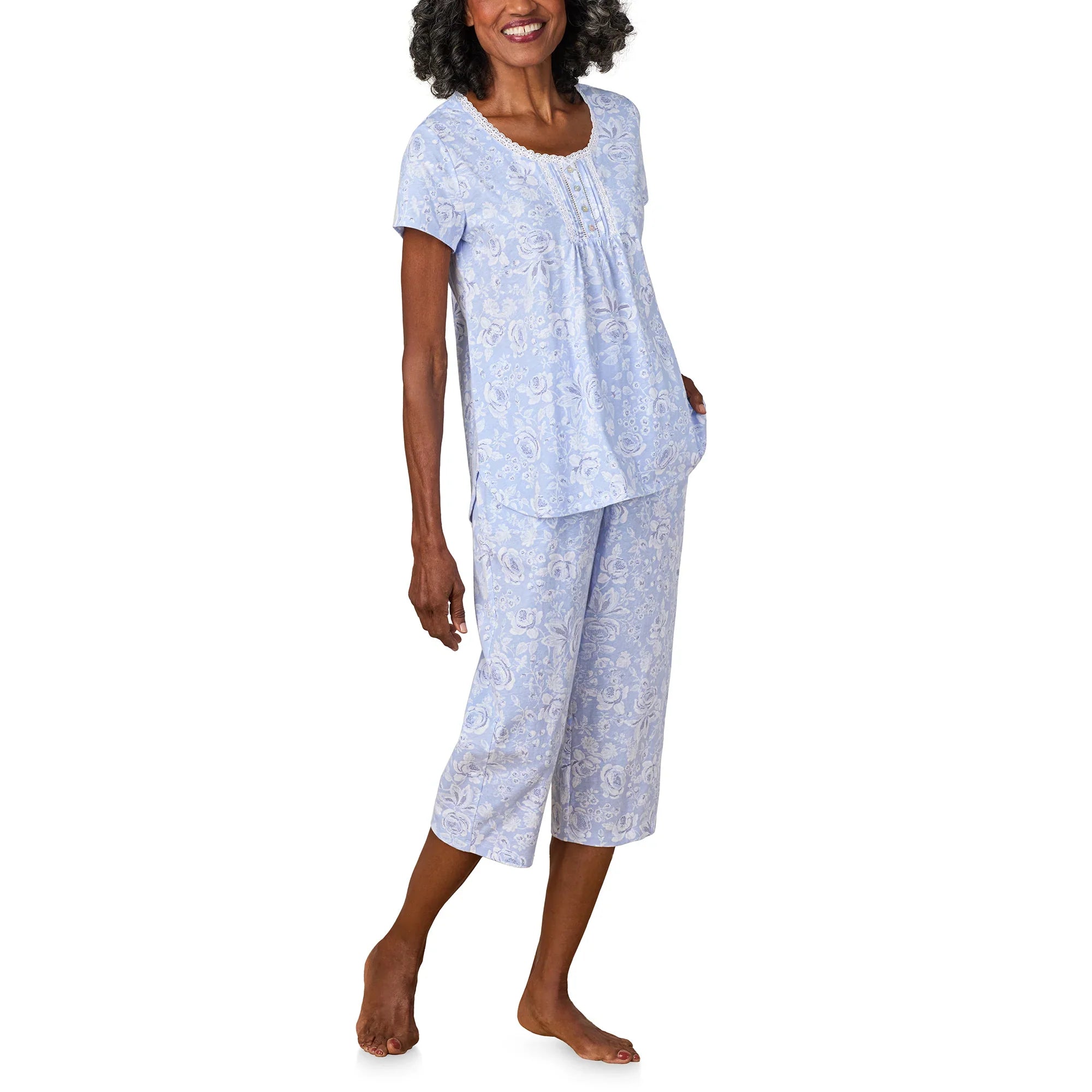 Blue Roses Cotton Jersey Capri PJ Set - 1