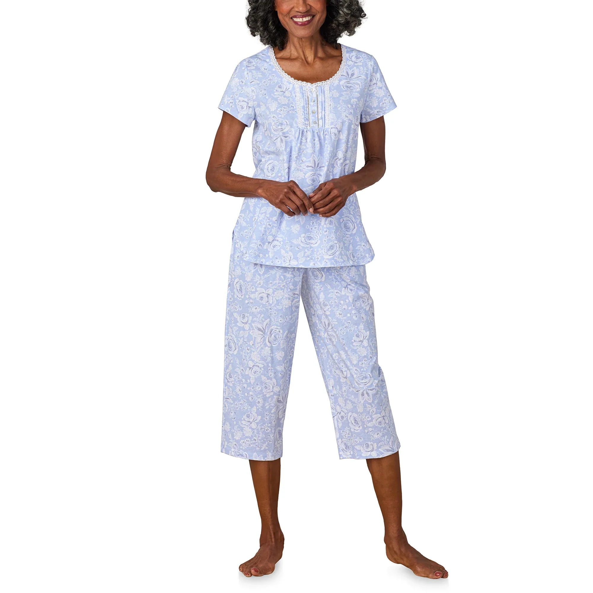 Blue Roses Cotton Jersey Capri PJ Set - 2
