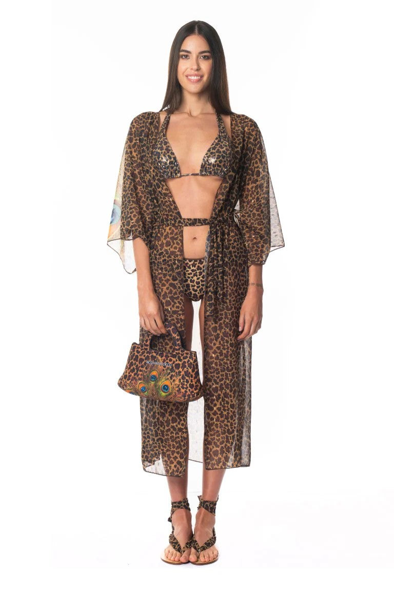 Long Kimono Peacock Animalier - Brown - 1