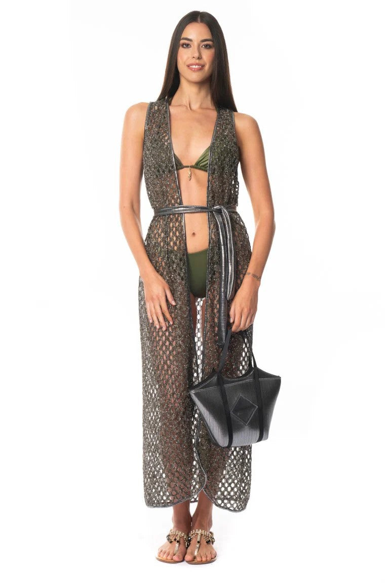 Bronze Lurex Wide Knit Vest - BRONZE - 1