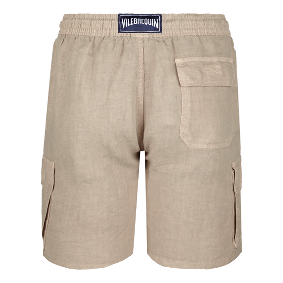 Men Linen Bermuda Shorts Cargo Pockets - Beige - 5