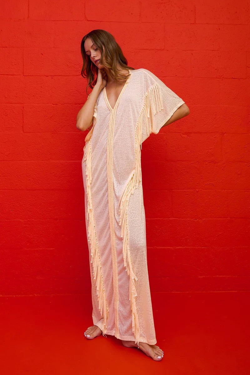 Braided Fringe Abaya - Light Yellow - 2