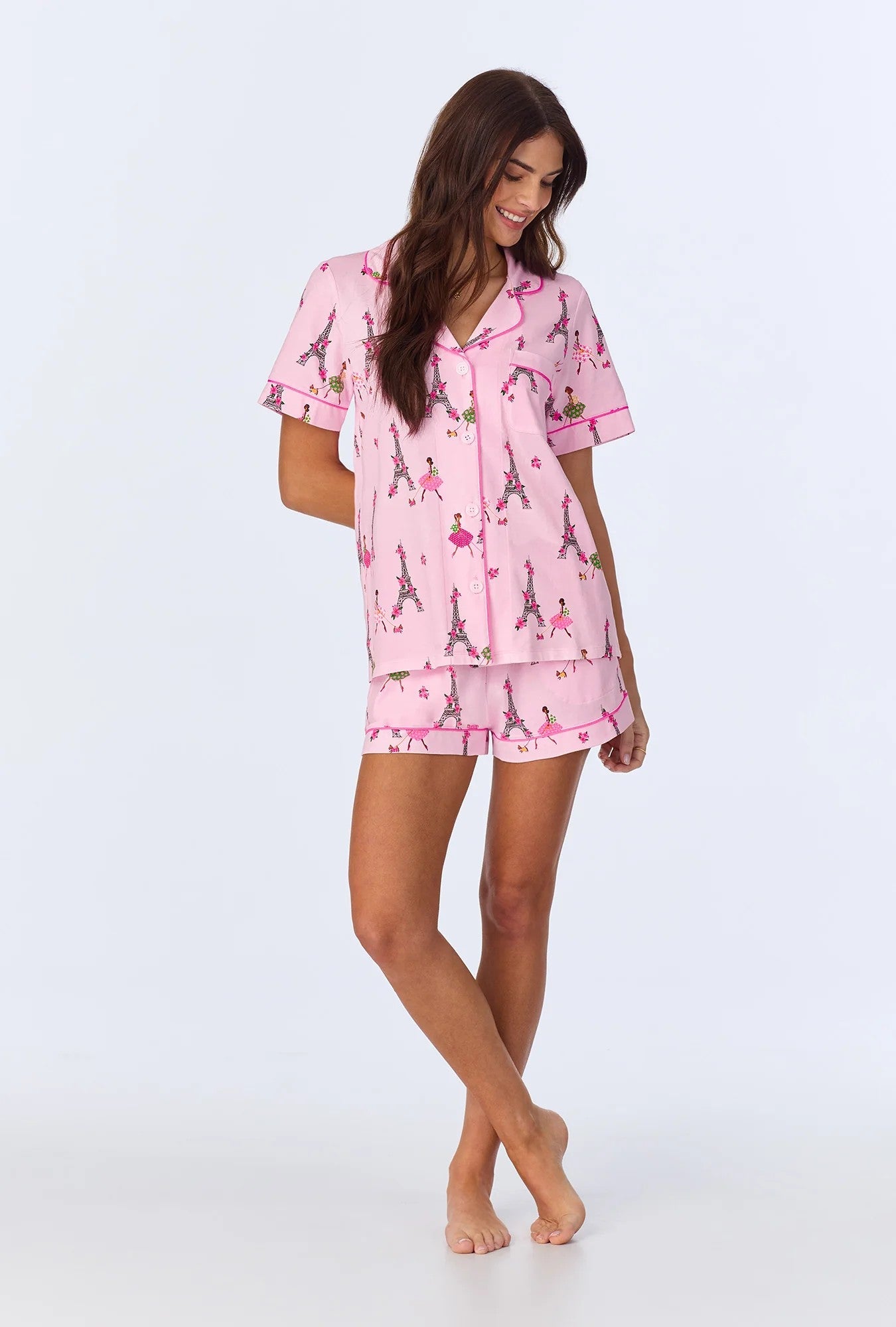 Tres Chic Short Sleeve Classic Shorty Stretch Jersey PJ Set - Pink - Pink - 1