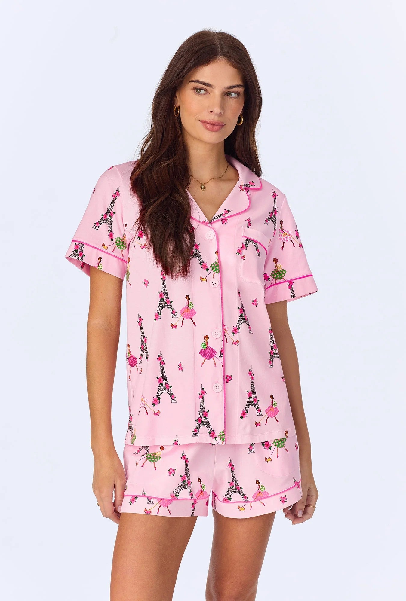 Tres Chic Short Sleeve Classic Shorty Stretch Jersey PJ Set - Pink - Pink - 4