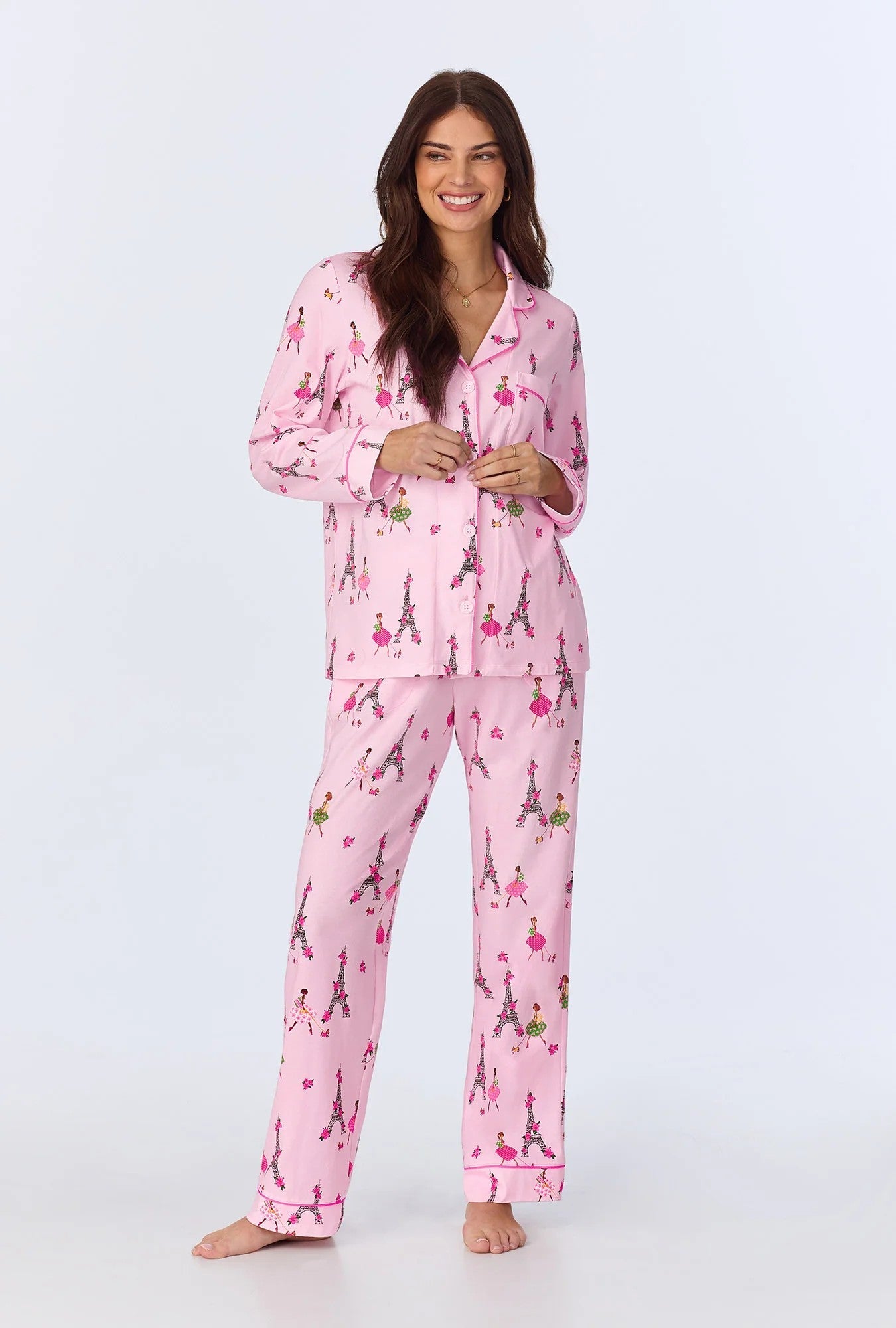 Tres Chic Long Sleeve Classic Stretch Jersey PJ Set - Pink - 1