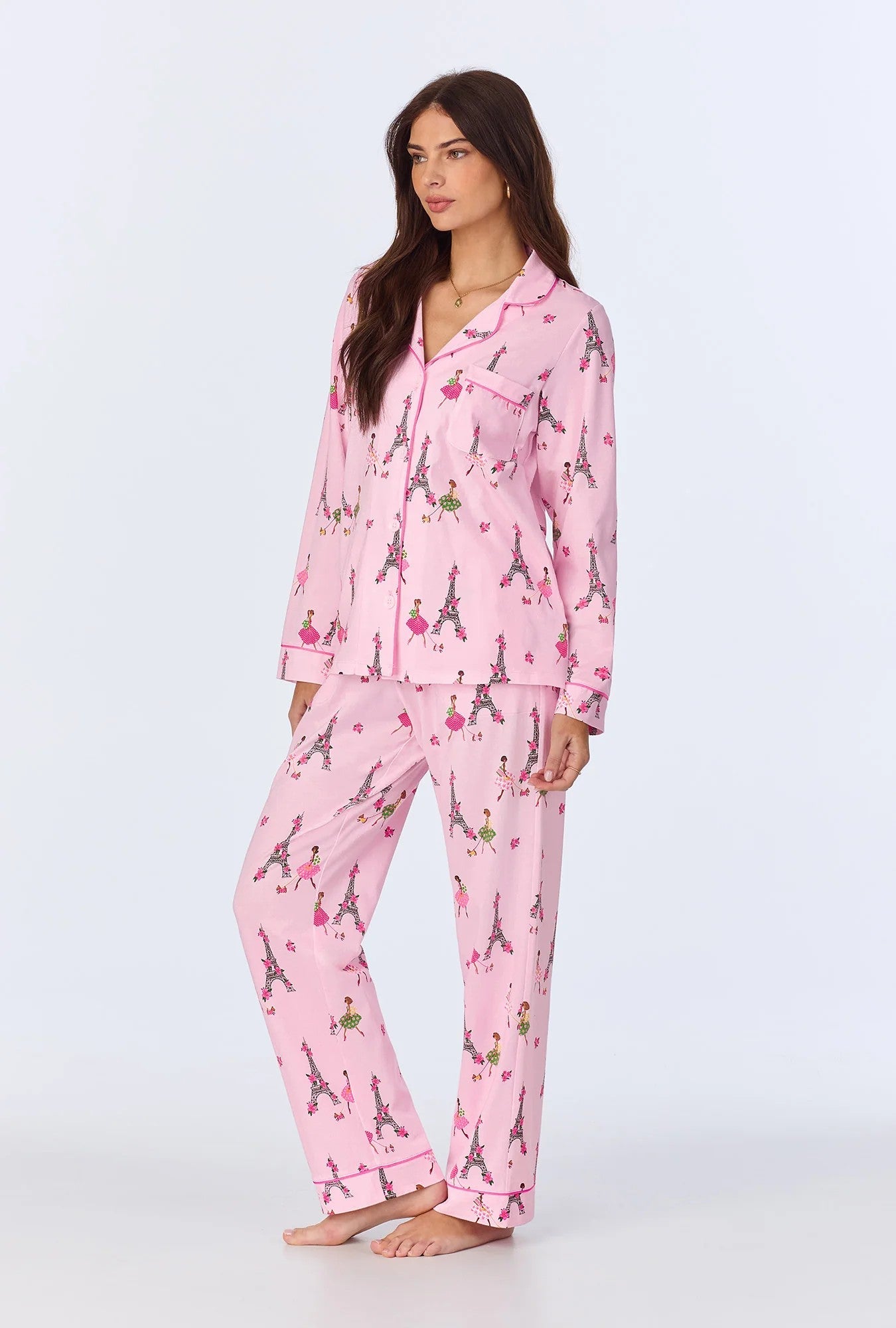 Tres Chic Long Sleeve Classic Stretch Jersey PJ Set - Pink - 2