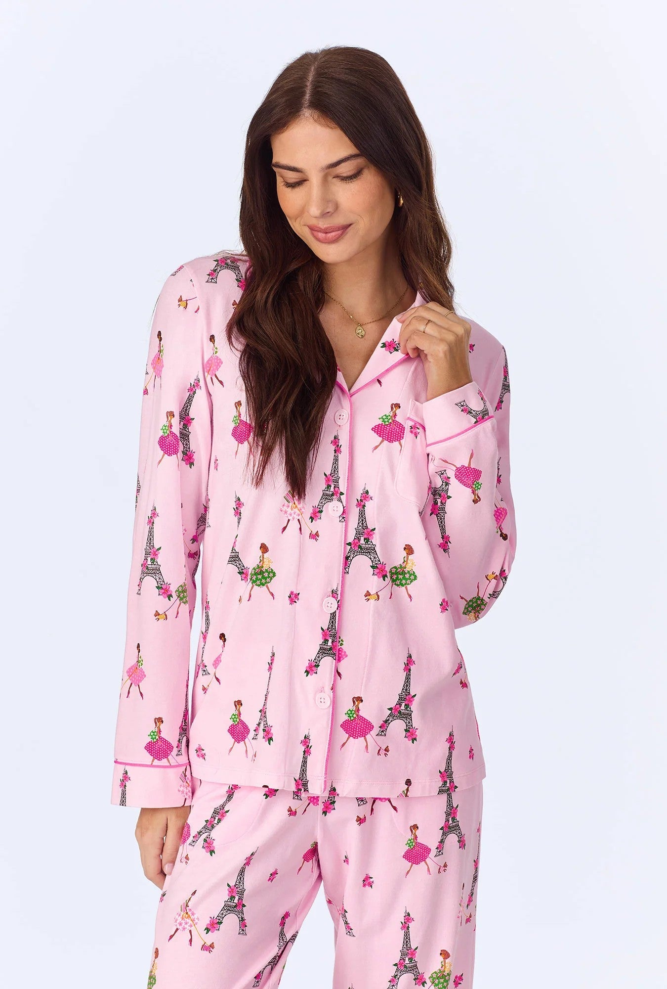 Tres Chic Long Sleeve Classic Stretch Jersey PJ Set - Pink - 3