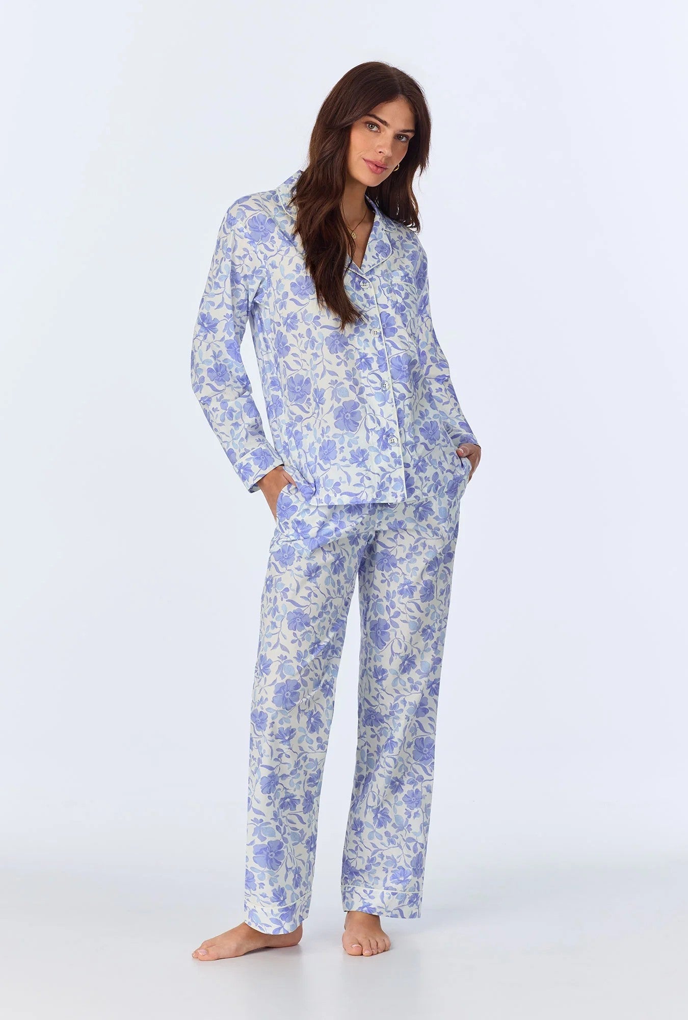 Belle Fleur Long Sleeve Classic Woven Cotton Poplin PJ Set - Blue - 1